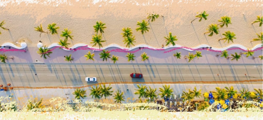 immagine di una spiaggia con 2 macchine viste dall'alto che richiama al titolo dell'articolo Virtù e infradito